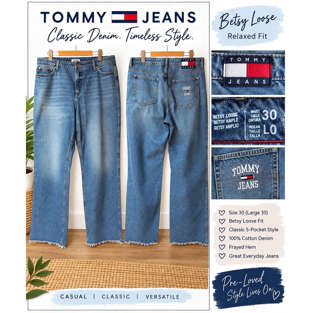 Tommy Jeans Betsy Loose Relaxed Fit Denim Frayed Hem Medium Wash Size 30/10